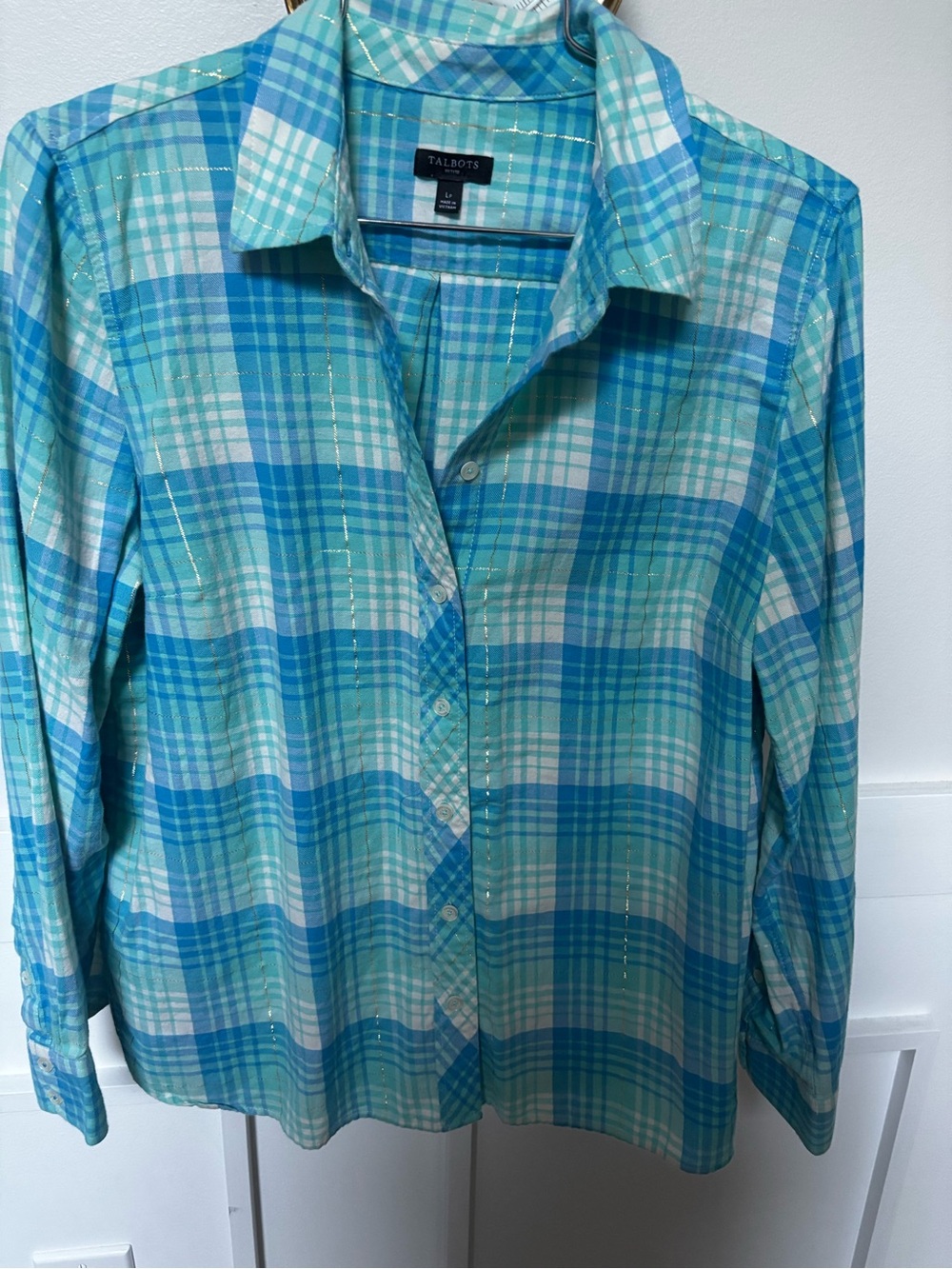 Talbots Cotton Button Front Shirt in Ornament Plaid Metallic size LP
